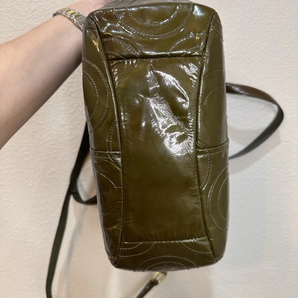 Coach Olive Green Op Art Embossed Patent Leather Madison Satchel Tote Bag